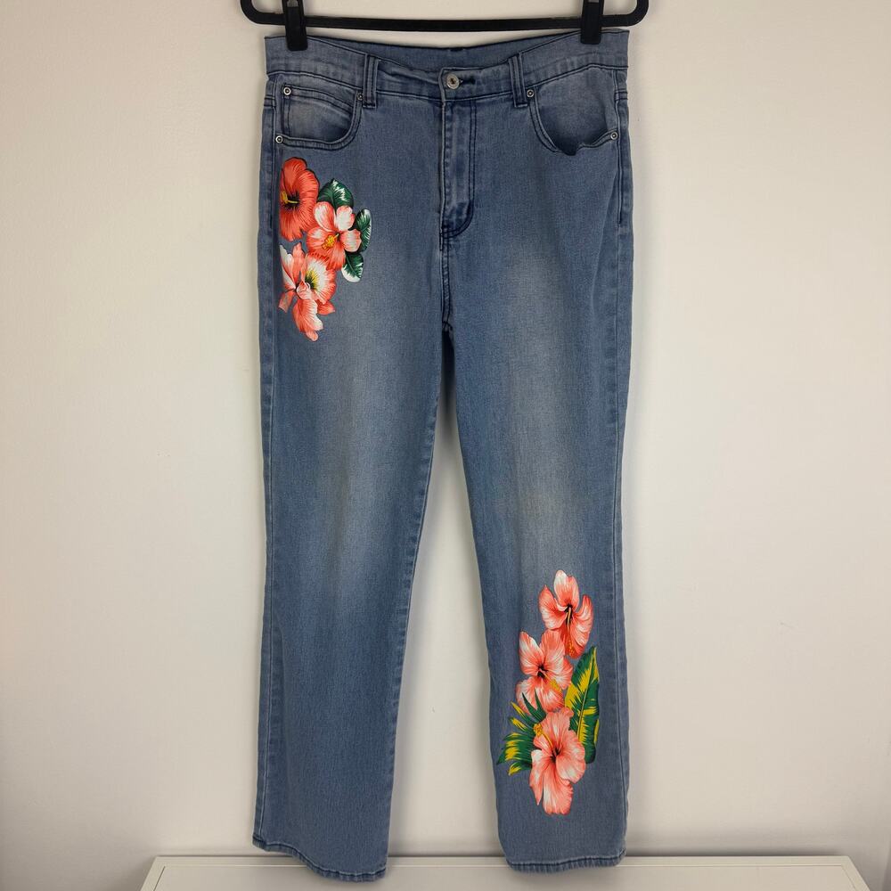 Vintage D2G by Diane Gilman Womens Y2K Tropical Flower Light Wash Flare Jeans 12